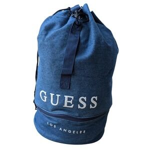 GUESS Denim Drawstring Bucket Bag Los Angeles Blue Gym Travel Duffel